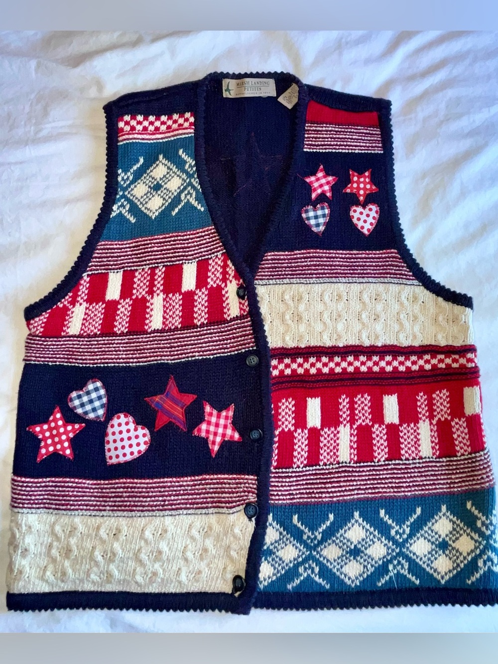 VTG Marsh Landing  patchwork knit sweater vest red ,white, blue size petite L